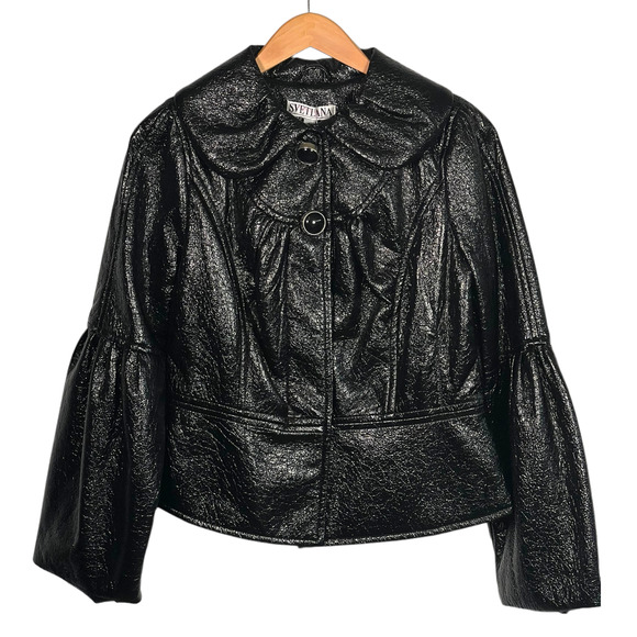 NWT Svetlana Unique Black Shiny Lame Bell Sleeve Button Front Jacket Wide Collar - Picture 6 of 13